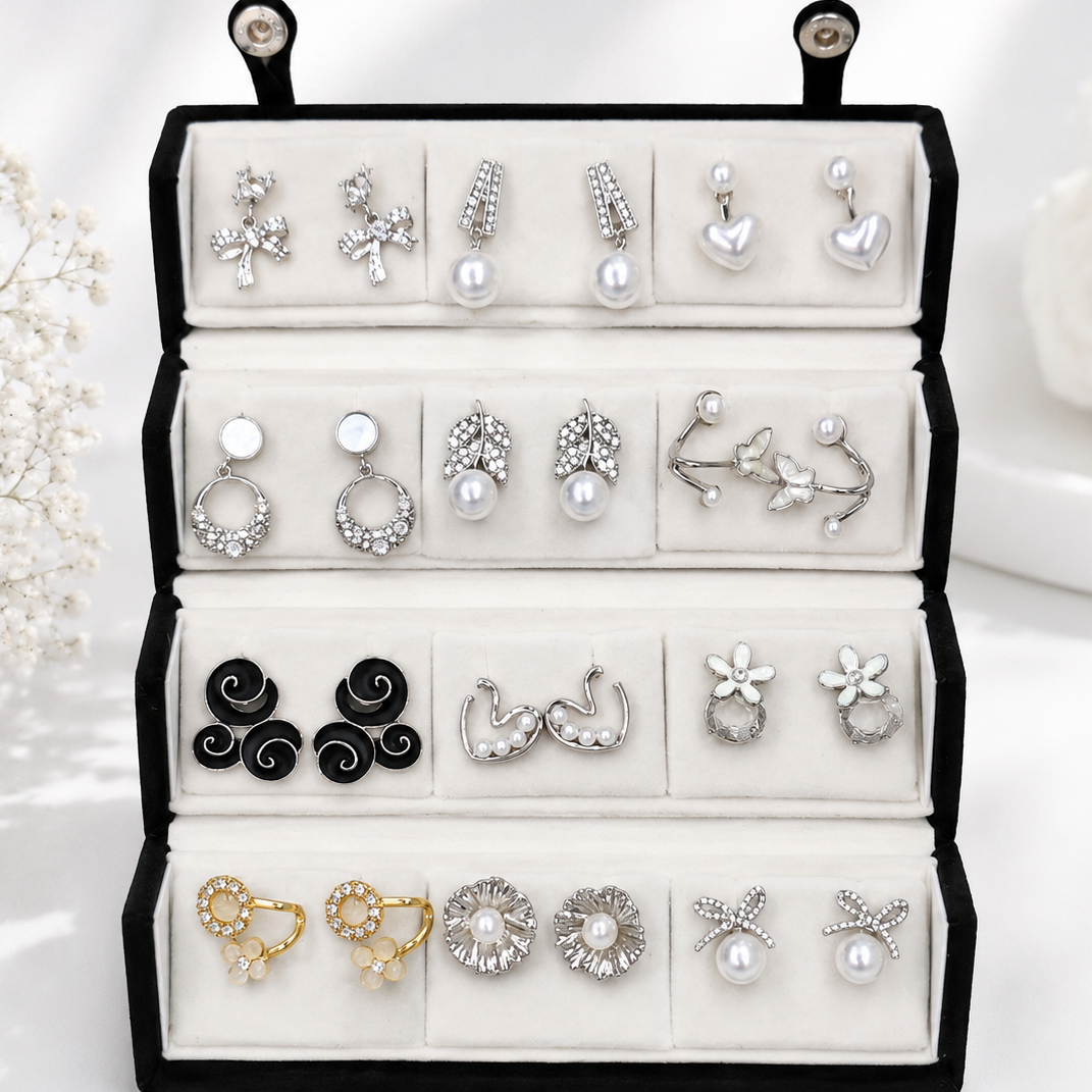 Trending 12 pair Korean Earring with(including trending flip box)      (4004)