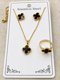 Anti Tarnish Chain clover Necklace, ring and Earring combo set (0172)