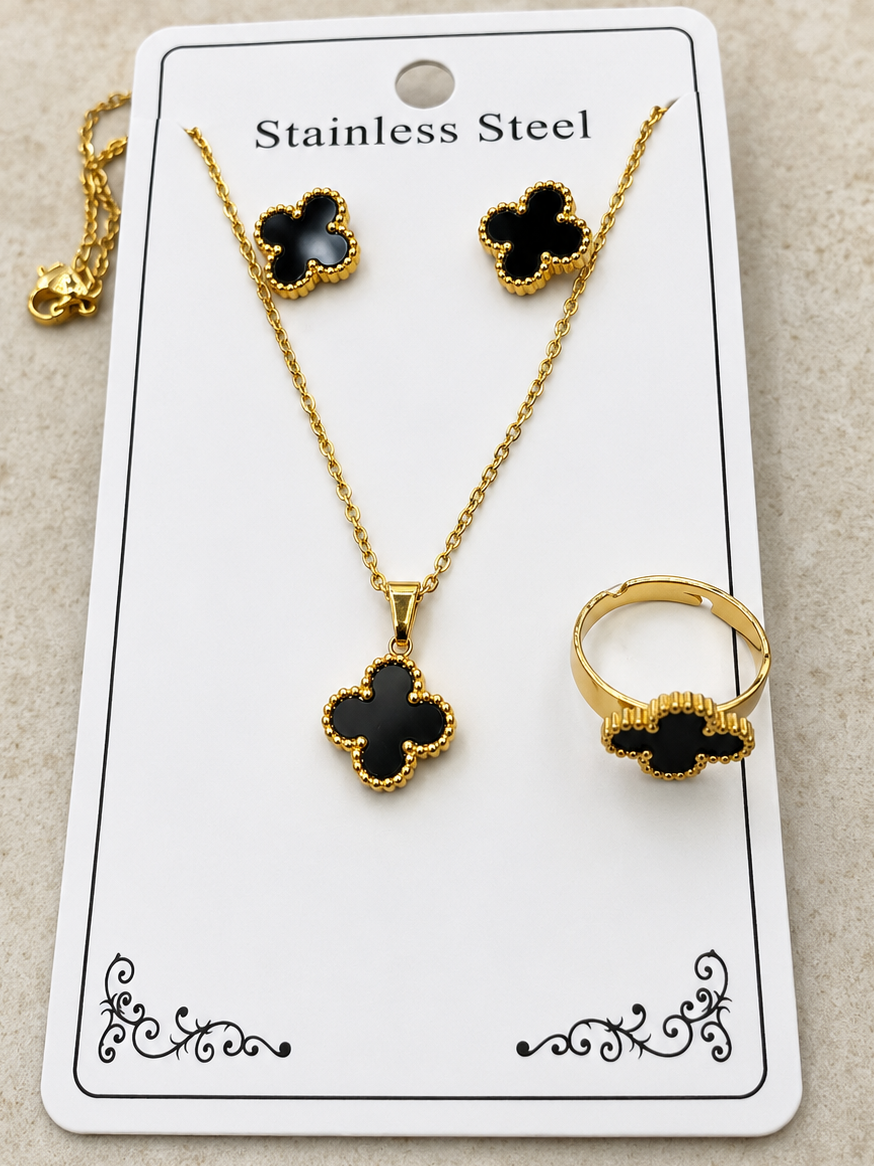 Anti Tarnish Chain clover Necklace, ring and Earring combo set (0172)