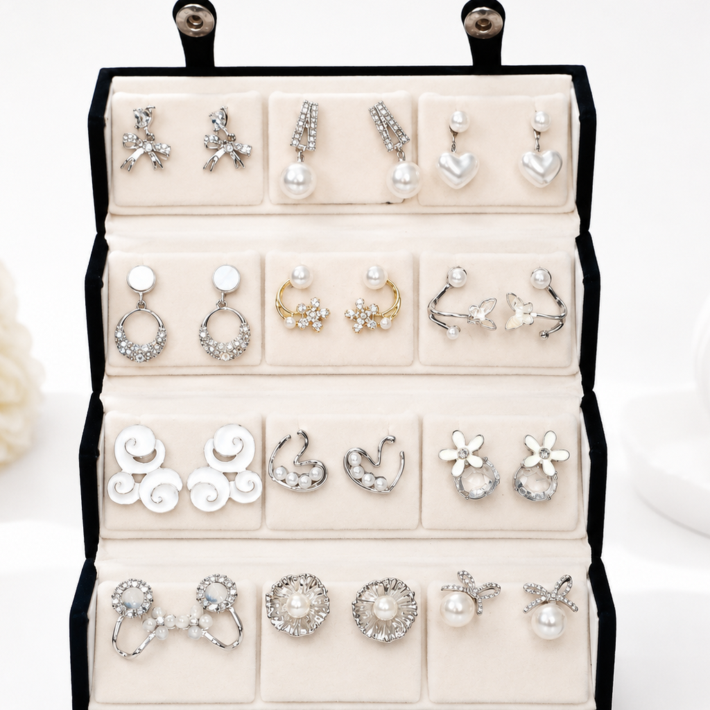 Trending 12 pair Korean Earring with(including trending flip box)      (4004)