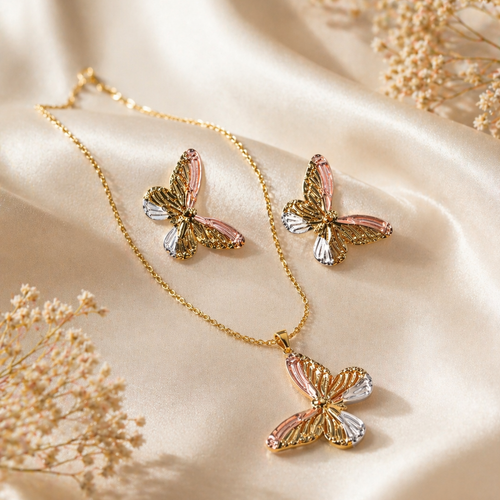 Anti Tarnish 3-tone combo set with 1 pair of earring and Necklace 1
