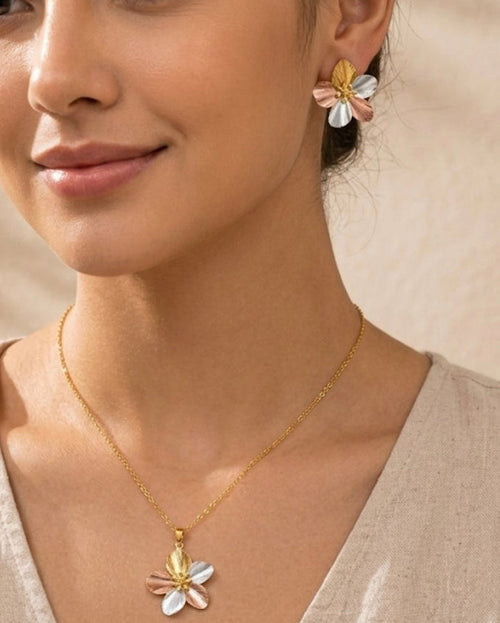 Anti Tarnish 3-tone combo set with 1 pair of earring and Necklace 5