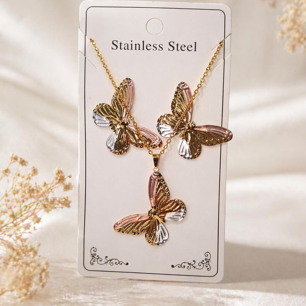 Anti Tarnish 3-tone combo set with 1 pair of earring and Necklace 1