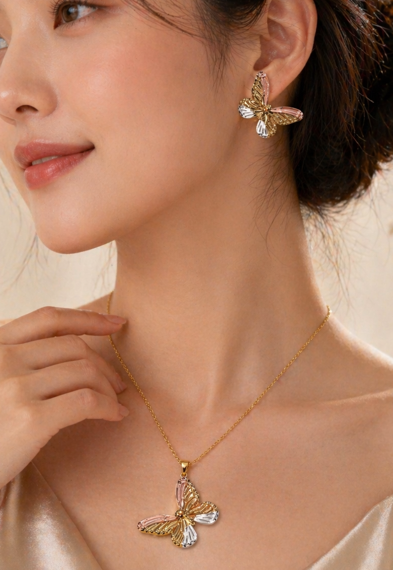 Anti Tarnish 3-tone combo set with 1 pair of earring and Necklace 1